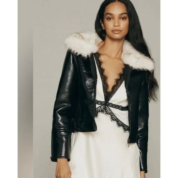 Unreal Fur Wet Look Black Aviator Jacket Size M NEW - Picture 2 of 11